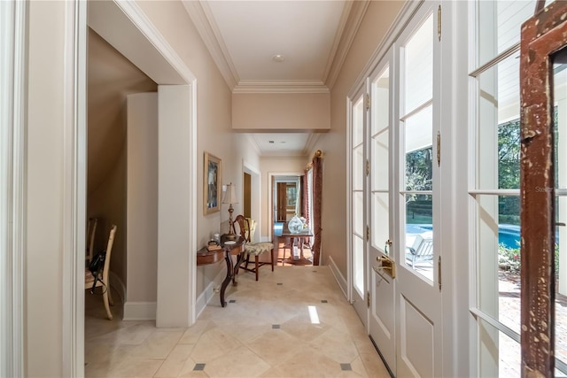 doorway featuring ornamental molding and french doors