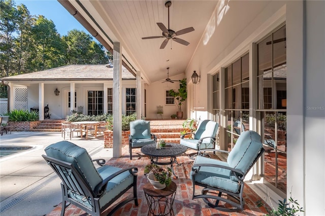 view of patio featuring ceiling fan and an outdoor hangout area