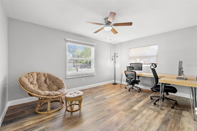 home office featuring hardwood / wood-style flooring and ceiling fan