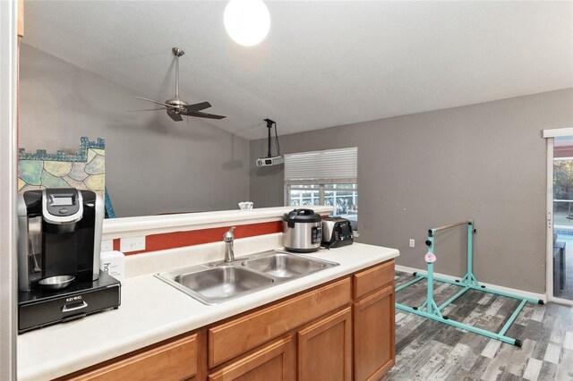 20390 SW 57th St, Dunnellon, FL 34431 - kitchen featuring a sink, light wood-type flooring, lofted ceiling, a ceiling fan, and light countertops