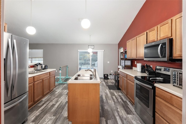 kitchen with sink, an island with sink, lofted ceiling, decorative light fixtures, and appliances with stainless steel finishes