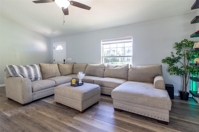 17023 SW 41st Avenue Rd, Ocala, FL 34473 - living room with ceiling fan, dark hardwood / wood-style flooring, and vaulted ceiling