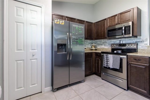 17023 SW 41st Avenue Rd, Ocala, FL 34473 - kitchen featuring lofted ceiling, decorative backsplash, light tile patterned floors, appliances with stainless steel finishes, and dark brown cabinets