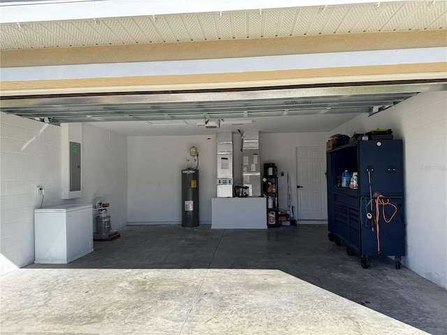 17023 SW 41st Avenue Rd, Ocala, FL 34473 - garage with electric water heater, heating unit, refrigerator, and electric panel
