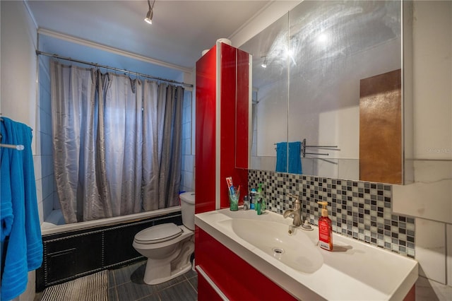 full bathroom featuring tasteful backsplash, ornamental molding, vanity, shower / bathtub combination with curtain, and toilet