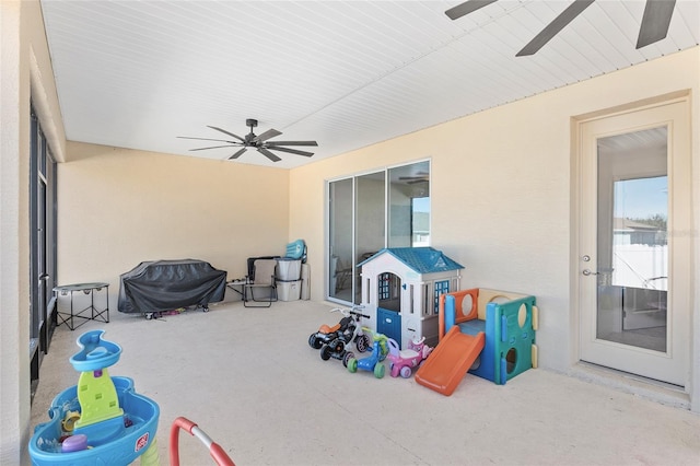 view of patio featuring ceiling fan and grilling area