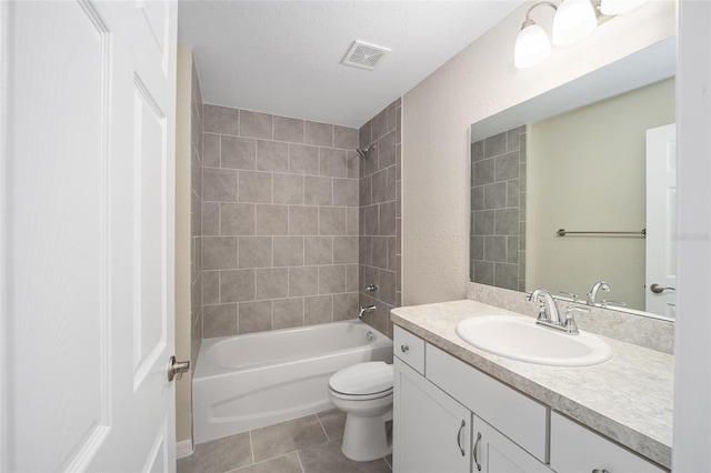 full bath featuring shower / bath combination, visible vents, toilet, tile patterned flooring, and vanity