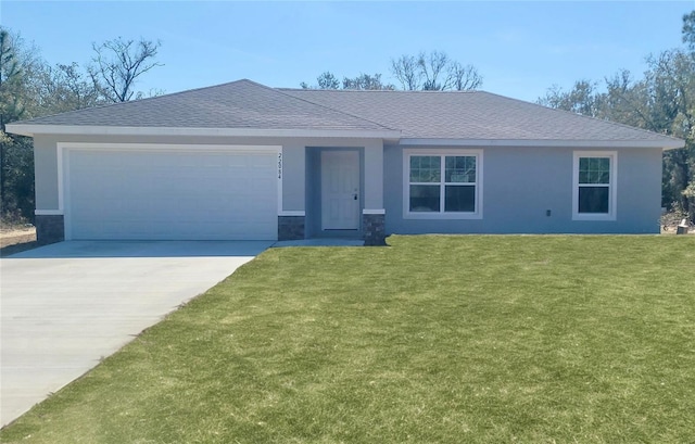 ranch-style house with a front yard, roof with shingles, an attached garage, and stucco siding