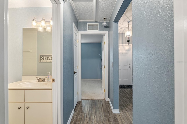 hall with sink, a textured ceiling, and dark hardwood / wood-style floors