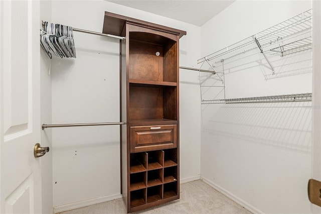 spacious closet featuring light carpet