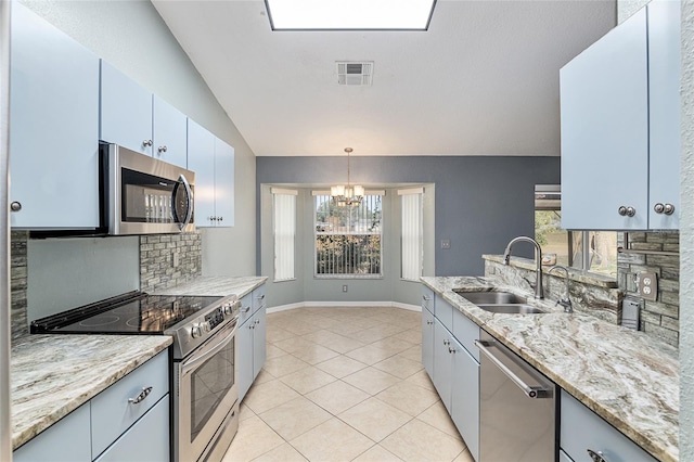 kitchen with pendant lighting, stainless steel appliances, lofted ceiling, an inviting chandelier, and sink