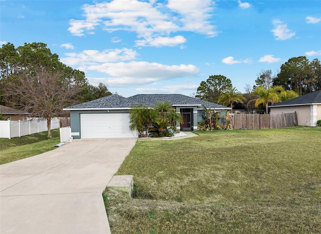 ranch-style home with a front yard and a garage