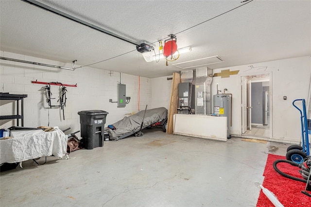 garage with a garage door opener, water heater, heating unit, and electric panel