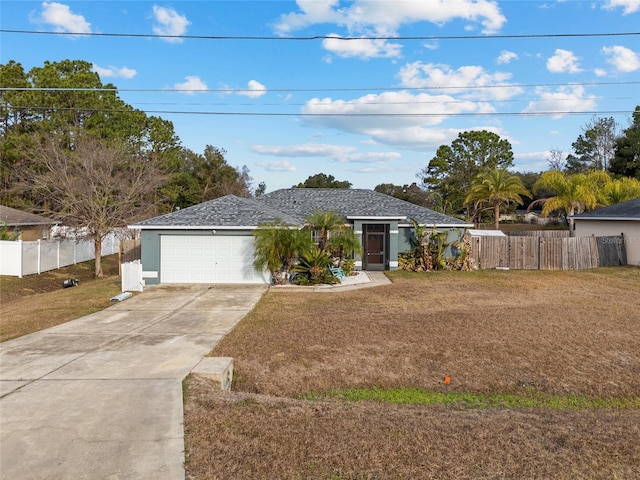 single story home with a front yard and a garage