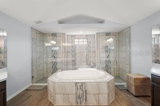 bathroom with plus walk in shower, vanity, and hardwood / wood-style flooring