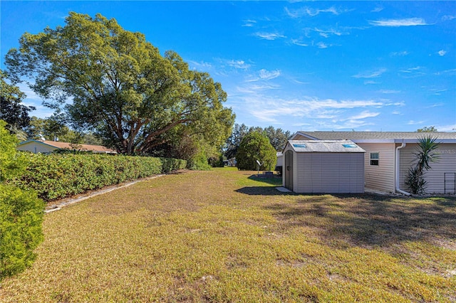 view of yard featuring a storage unit