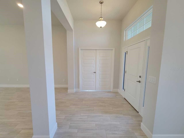 foyer featuring light hardwood / wood-style floors and a towering ceiling