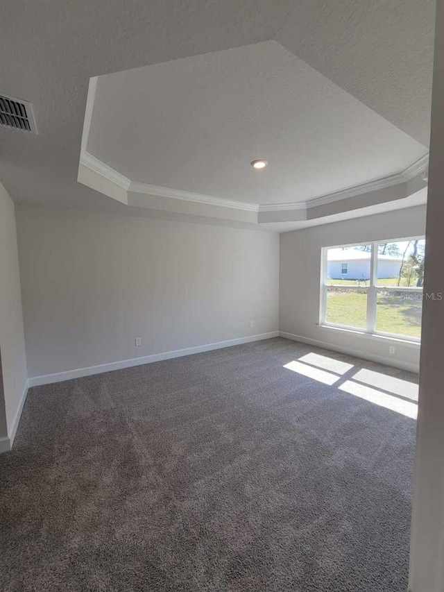 carpeted spare room featuring visible vents, baseboards, ornamental molding, a textured ceiling, and a raised ceiling