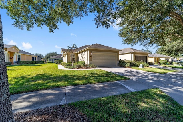 ranch-style house with a garage, driveway, a front lawn, and a residential view