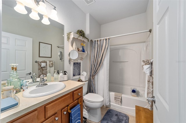 bathroom with visible vents, toilet, shower / bath combo with shower curtain, and vanity