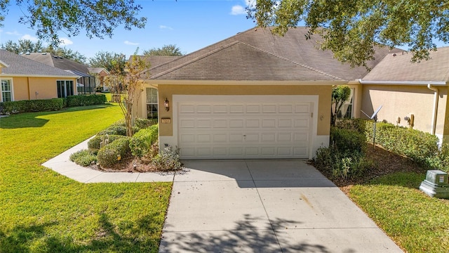 view of front facade with driveway, roof with shingles, an attached garage, a front lawn, and stucco siding