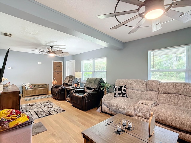 living room featuring beam ceiling, a textured ceiling, light hardwood / wood-style floors, and plenty of natural light