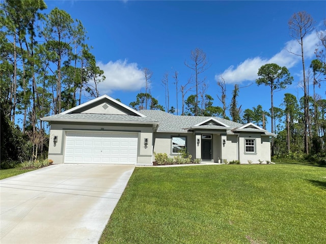 ranch-style home with a front yard and a garage