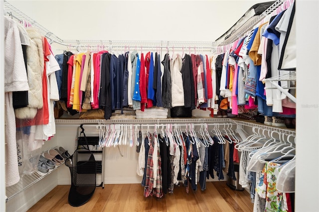 walk in closet with wood finished floors