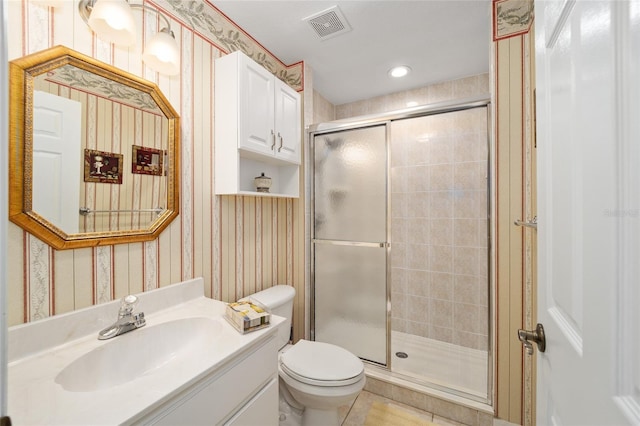 full bath featuring a stall shower, visible vents, and wallpapered walls