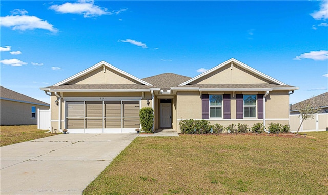 single story home featuring a garage and a front yard