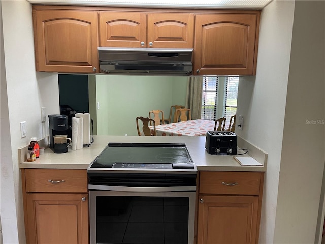 kitchen with stainless steel electric stove and range hood