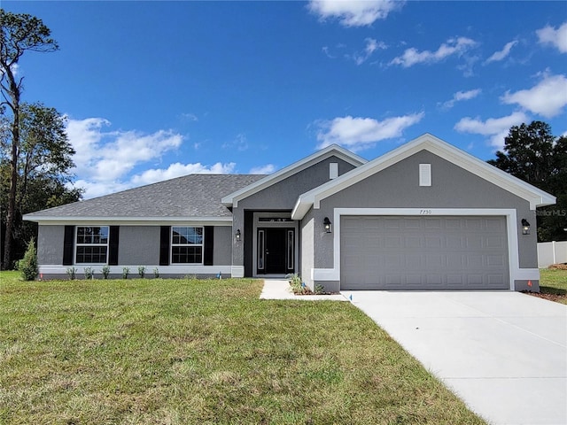 ranch-style house featuring concrete driveway, a garage, stucco siding, and a front lawn