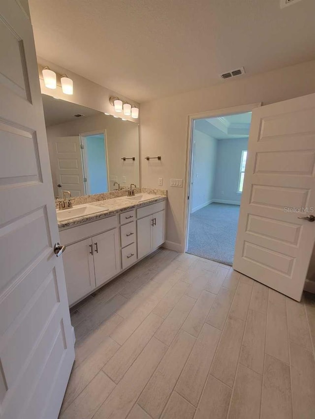 bathroom with a sink, double vanity, visible vents, and wood finished floors