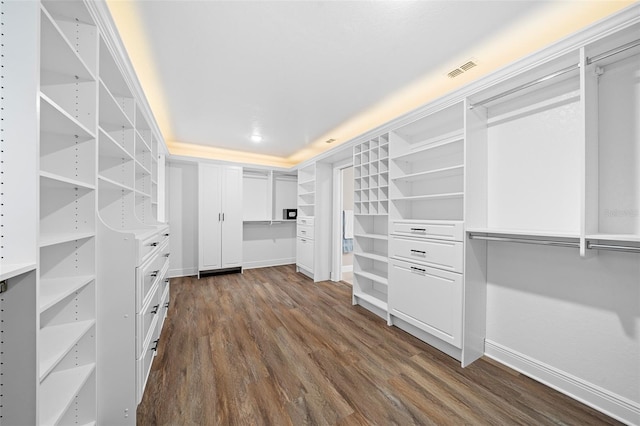 spacious closet with dark wood finished floors and visible vents