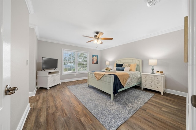 bedroom with visible vents, crown molding, baseboards, a ceiling fan, and dark wood-style flooring