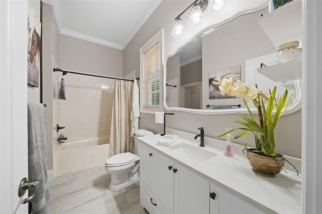 full bathroom with shower / bathtub combination with curtain, toilet, vanity, and ornamental molding