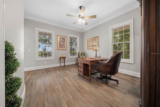 office space featuring baseboards, wood finished floors, and ornamental molding