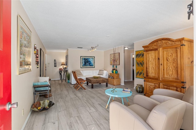 living room featuring light hardwood / wood-style floors and a textured ceiling