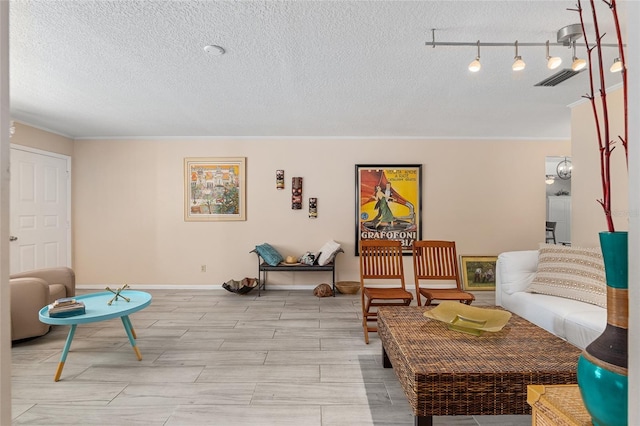 living room featuring a textured ceiling