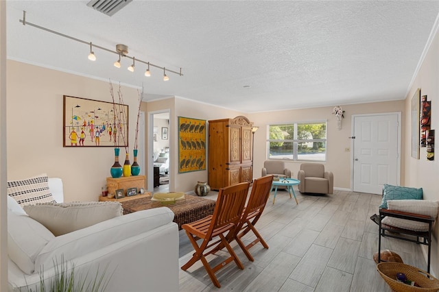 living room featuring crown molding and a textured ceiling