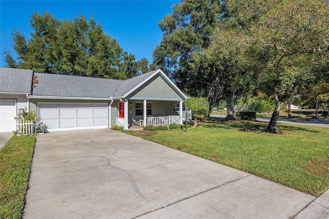 view of front of property featuring a front lawn, covered porch, and a garage