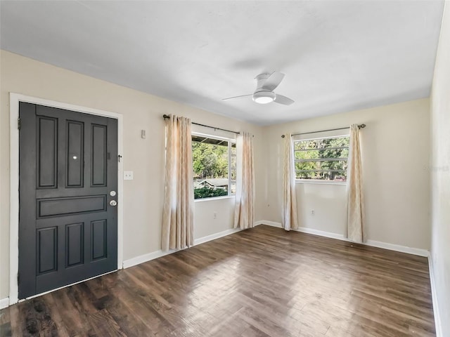 foyer with ceiling fan and dark hardwood / wood-style flooring