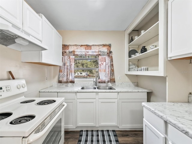 kitchen featuring white range with electric stovetop, sink, white cabinets, dark hardwood / wood-style floors, and range hood