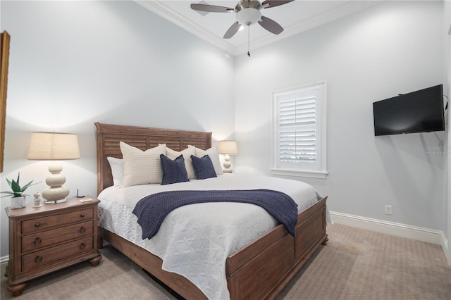 bedroom featuring ceiling fan, light colored carpet, and ornamental molding