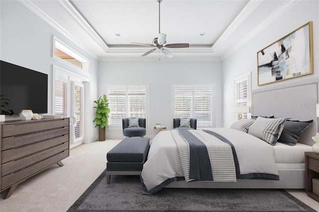 bedroom with ceiling fan, light carpet, and multiple windows