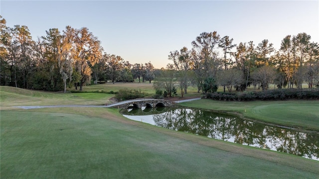 surrounding community featuring a water view and a lawn