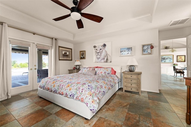 bedroom with access to exterior, french doors, a raised ceiling, and ceiling fan