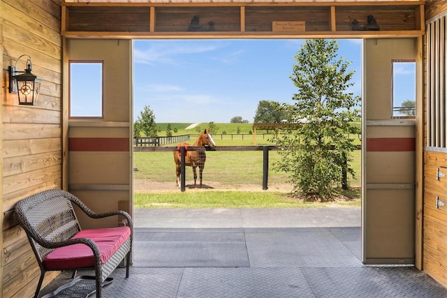 entryway featuring wood walls, plenty of natural light, and a rural view