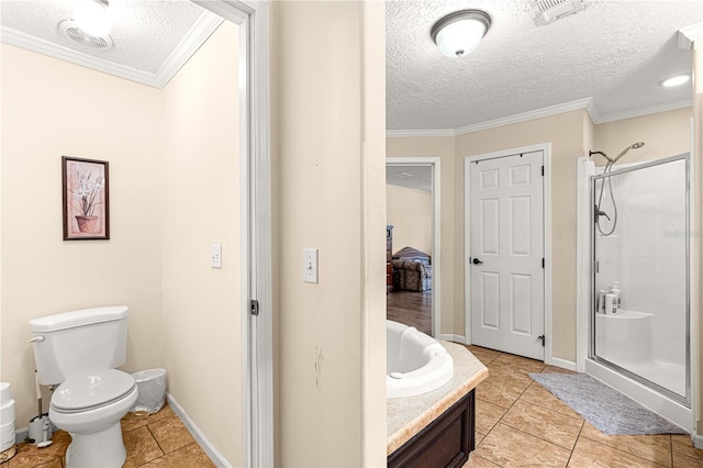 bathroom featuring tile patterned flooring, toilet, a shower with door, and crown molding