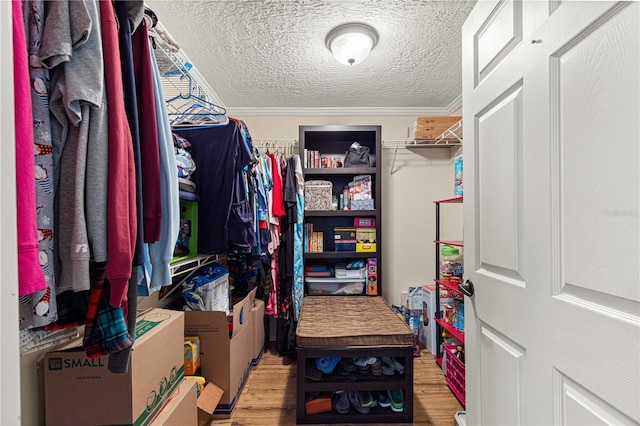 walk in closet with hardwood / wood-style floors